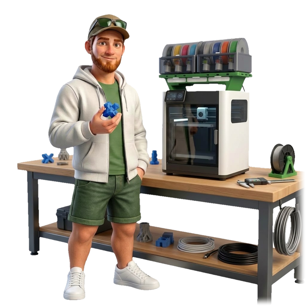 Dennis an der Werkbank neben dem 3D-Drucker, in der Hand ein gedrucktes Funktionsteil — dazu Prototypen, Filament und Messschieber