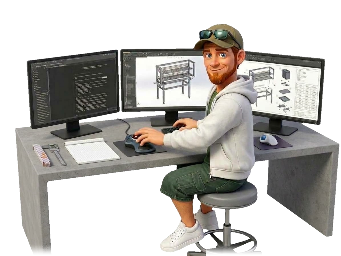 Dennis am CAD-Arbeitsplatz mit drei Bildschirmen: Konstruktionsmodell und technische Zeichnung eines Gestells