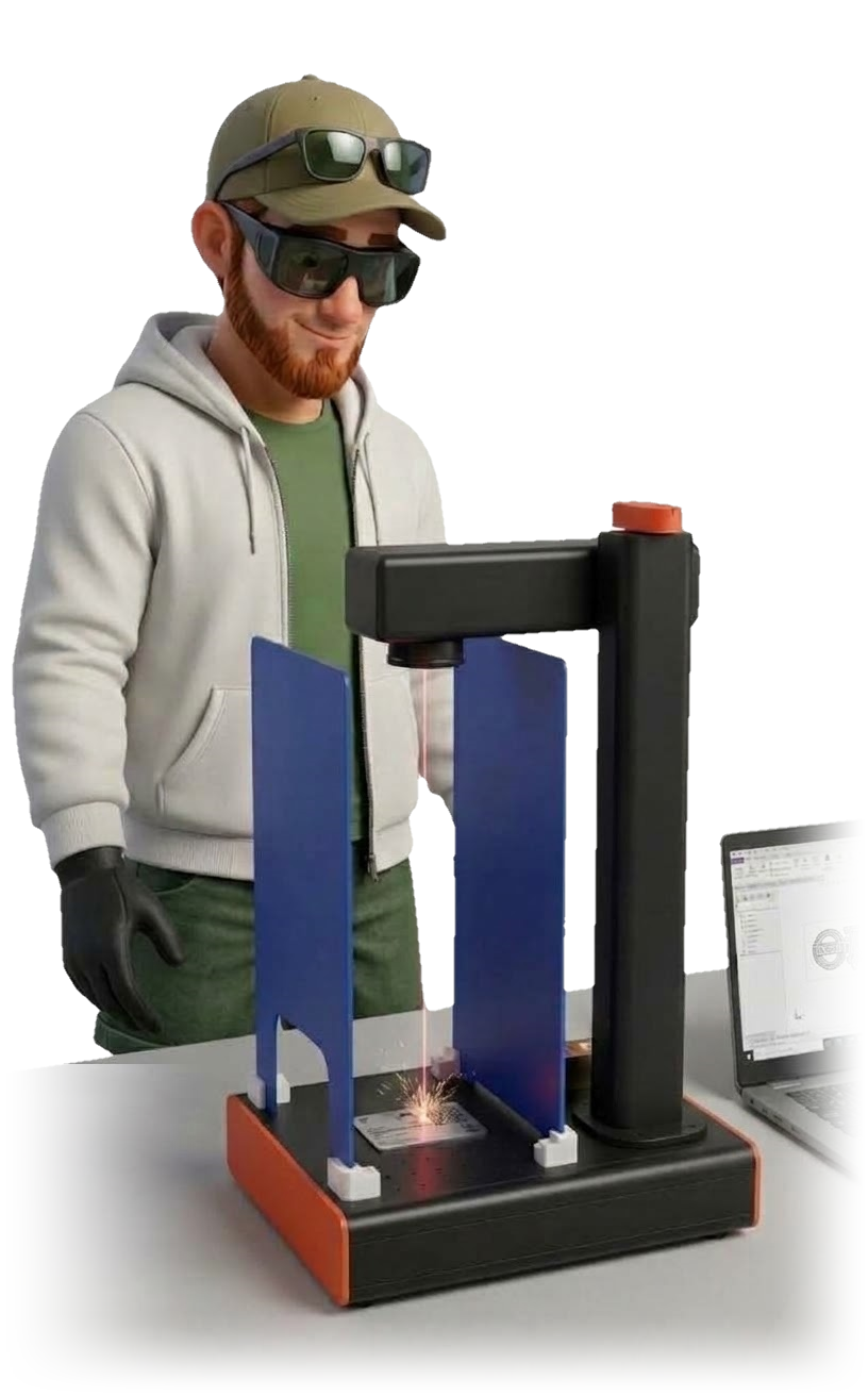Dennis mit Schutzbrille an der Lasergravur-Maschine, auf dem Laptop die Gravurvorlage