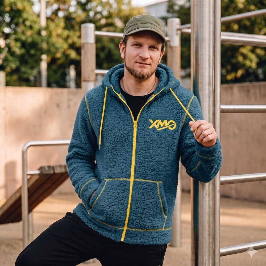 XMO Sherpa-Hoodie in Petrol mit gelber Kontrastnaht
